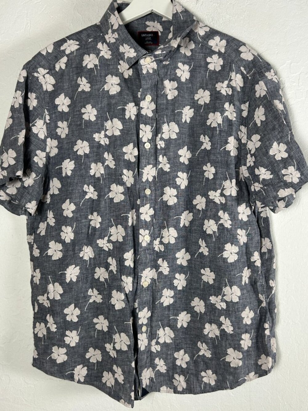 Untuckit Mens Large Blue Linen Floral Button-Up Bonner Shirt Short Sleeve NWOT